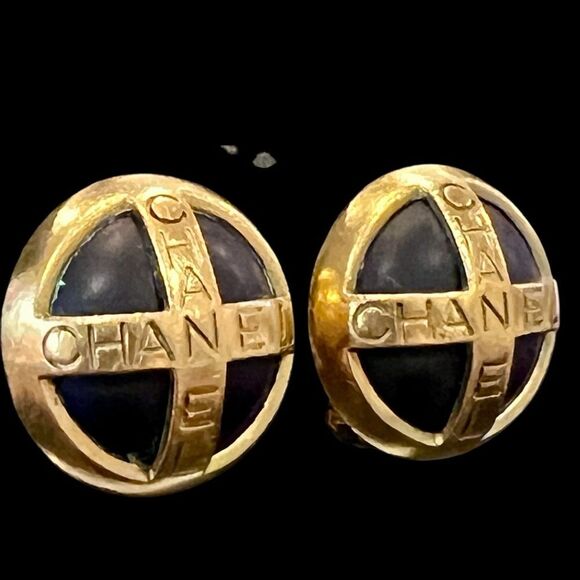 CHANEL Black and Gold Cross Button Earrings - Picture 3 of 7